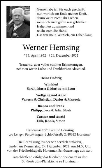 Anzeige von Werner Hemsing 