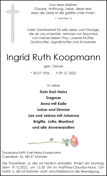 Anzeige von Ingrid Ruth Koopmann 