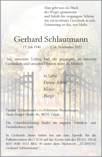 Anzeige von Gerhard Schlautmann 