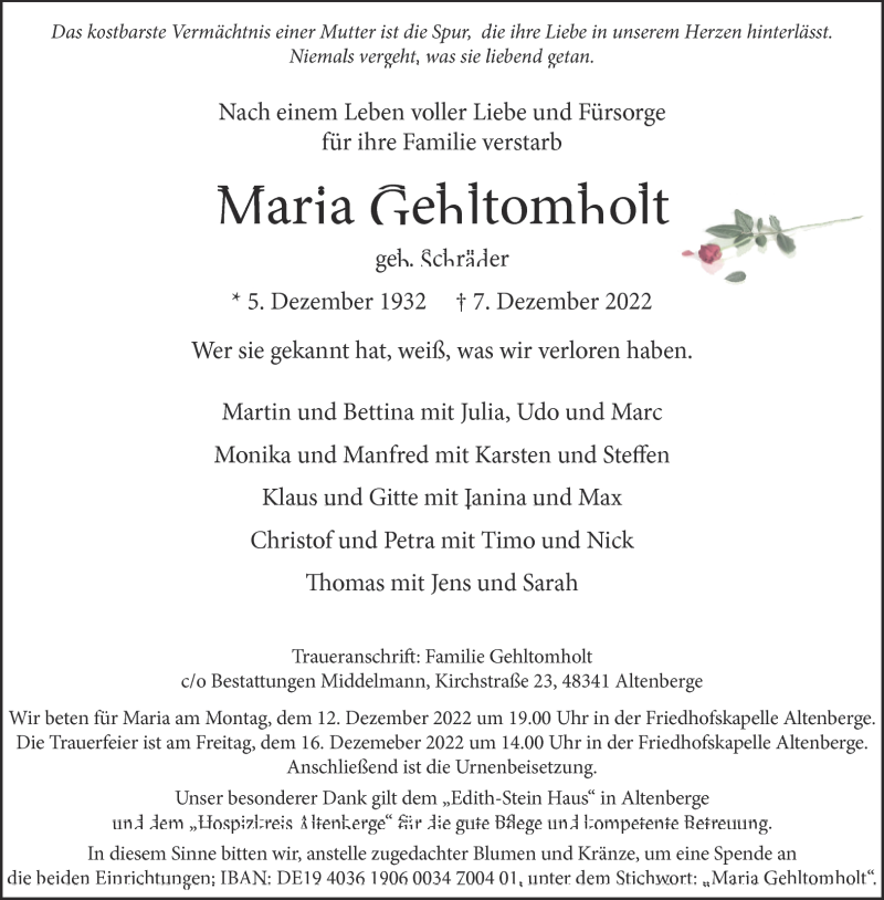  Traueranzeige für Maria Gehltomholt vom 10.12.2022 aus 