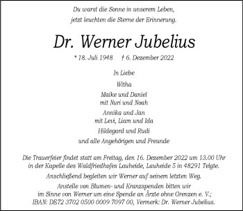 Anzeige von Dr. Werner Jubelius 