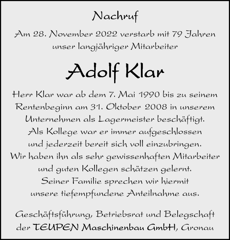  Traueranzeige für Adolf Klar vom 03.12.2022 aus 