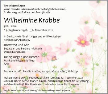 Anzeige von Wilhelmine Krabbe 
