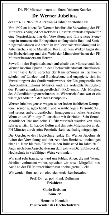 Anzeige von Dr. Werner Jubelius 