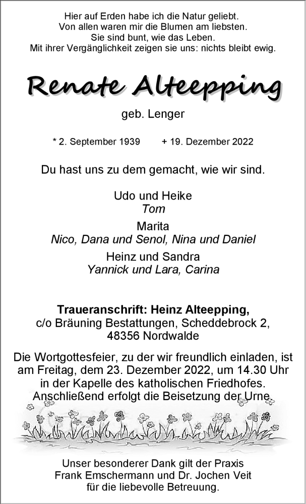  Traueranzeige für Renate Alteepping vom 21.12.2022 aus 