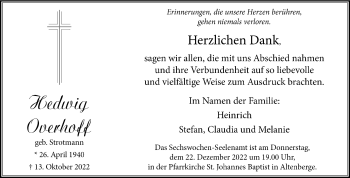 Anzeige von Hedwig Overhoff 