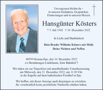 Anzeige von Hansgünter Kösters 