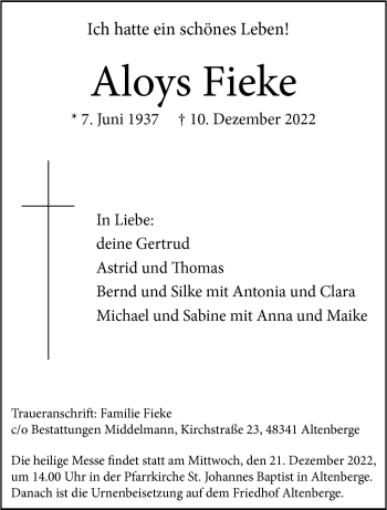 Anzeige von Aloys Fieke 