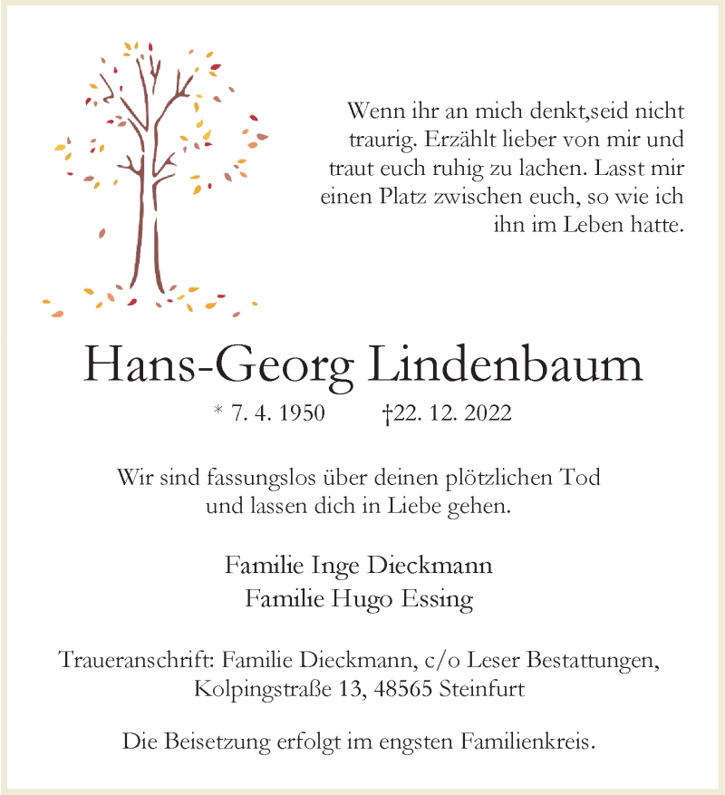  Traueranzeige für Hans-Georg Lindenbaum vom 31.12.2022 aus 