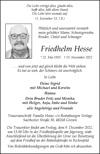 Anzeige von Friedhelm Hesse 