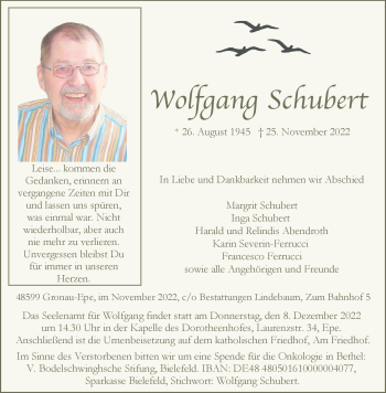 Anzeige von Wolfgang Schubert 