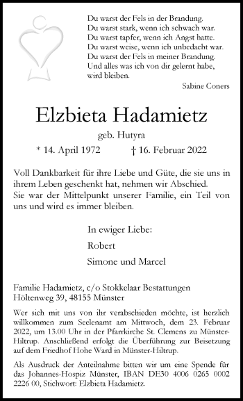 Anzeige von Elzbieta Hadamietz 