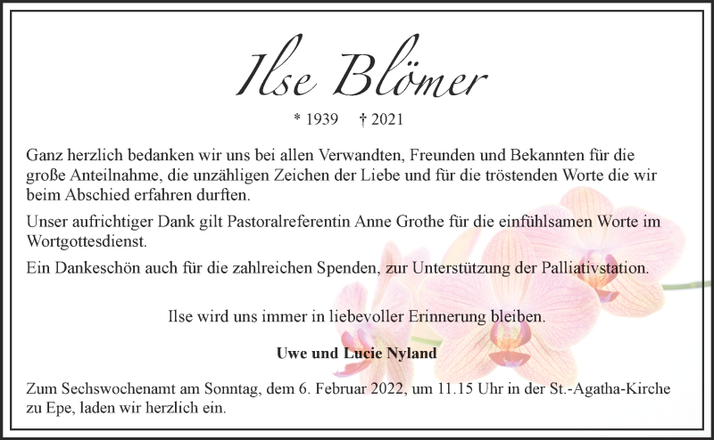  Traueranzeige für Ilse Blömer vom 02.02.2022 aus 