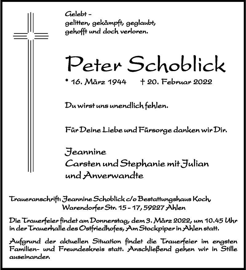  Traueranzeige für Peter Schoblick vom 26.02.2022 aus 