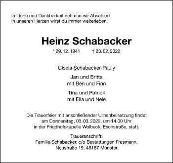 Anzeige von Heinz Schabacker 
