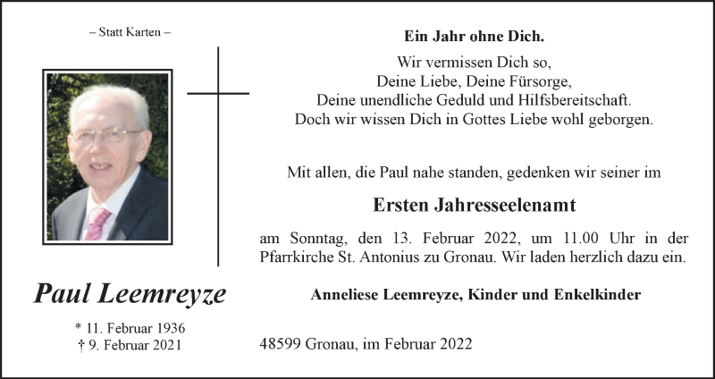  Traueranzeige für Paul Leemreyze vom 05.02.2022 aus 