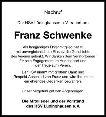 Anzeige von Franz Schwenke 