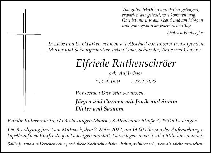  Traueranzeige für Elfriede Ruthenschröer vom 26.02.2022 aus 