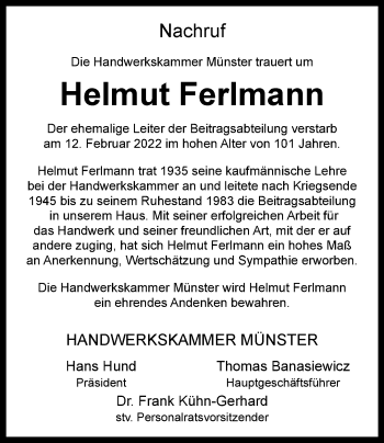 Anzeige von Helmut Ferlmann 