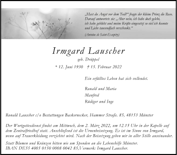 Anzeige von Irmgard Lauscher 