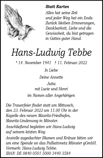 Anzeige von Hans-Ludwig Tebbe 