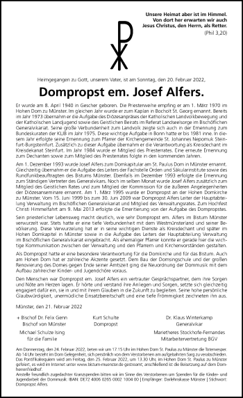 Anzeige von Josef Alfers 