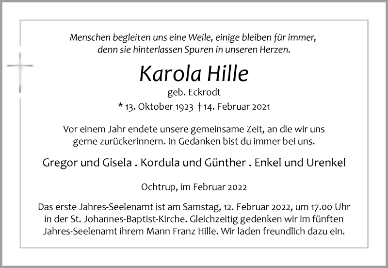  Traueranzeige für Karola Hille vom 09.02.2022 aus 