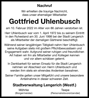 Anzeige von Gottfried Uhlenbusch 