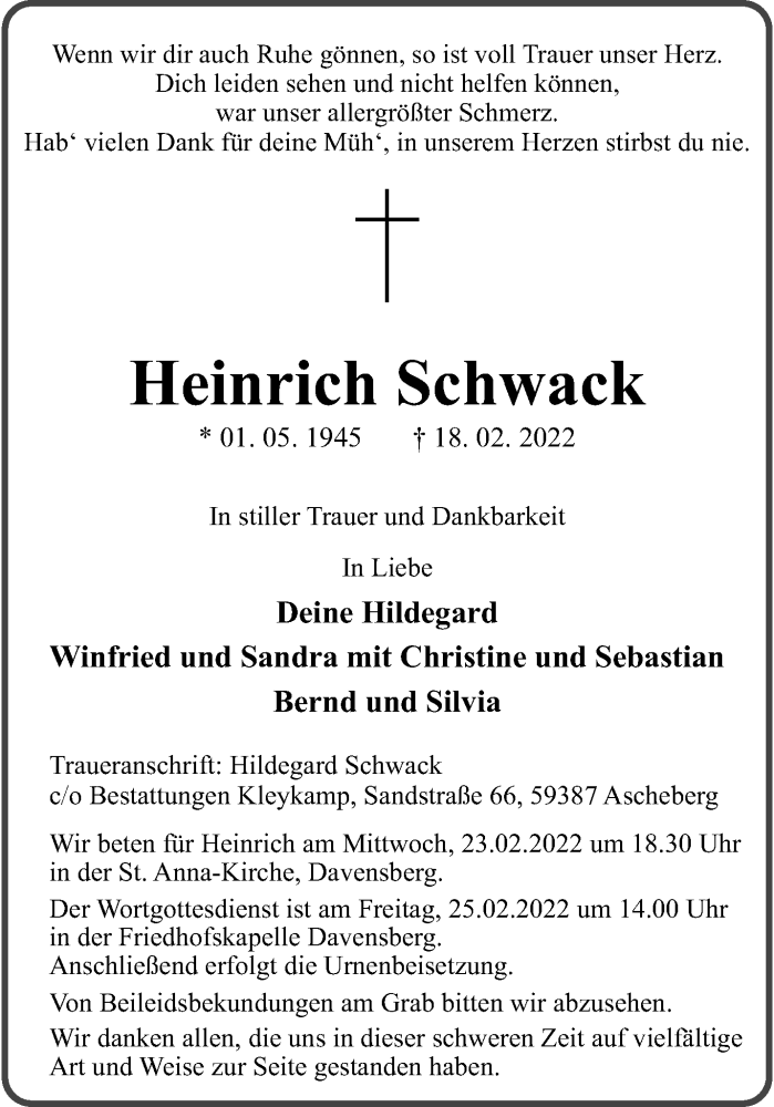  Traueranzeige für Heinrich Schwack vom 23.02.2022 aus 