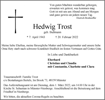Anzeige von Hedwig Trost 