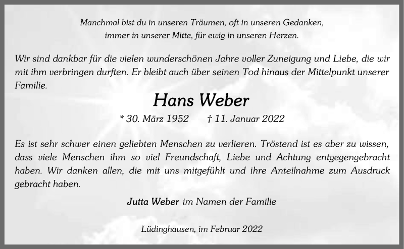  Traueranzeige für Hans Weber vom 26.02.2022 aus 