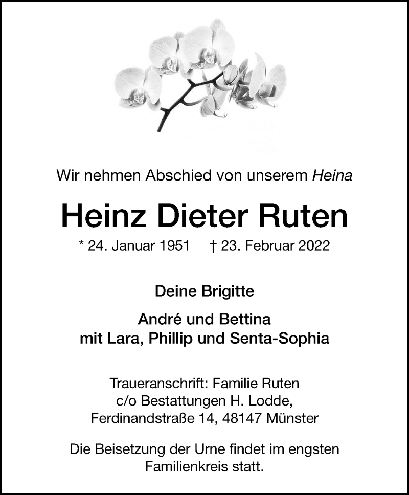  Traueranzeige für Heinz Dieter Ruten vom 26.02.2022 aus 