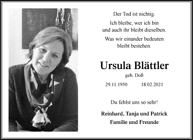  Traueranzeige für Ursula Blättler vom 19.02.2022 aus 