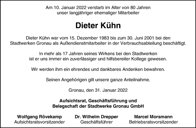  Traueranzeige für Dieter Kühn vom 02.02.2022 aus 