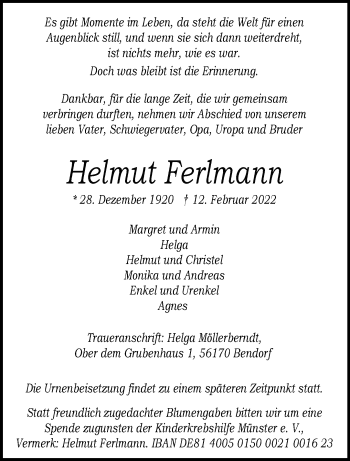 Anzeige von Helmut Ferlmann 