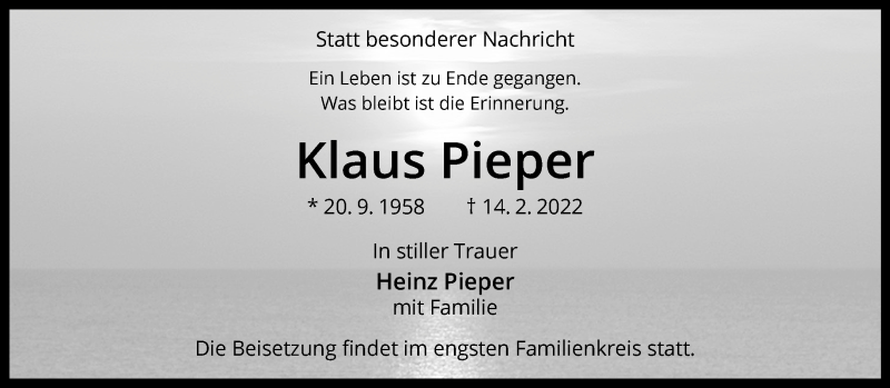  Traueranzeige für Klaus Pieper vom 19.02.2022 aus 