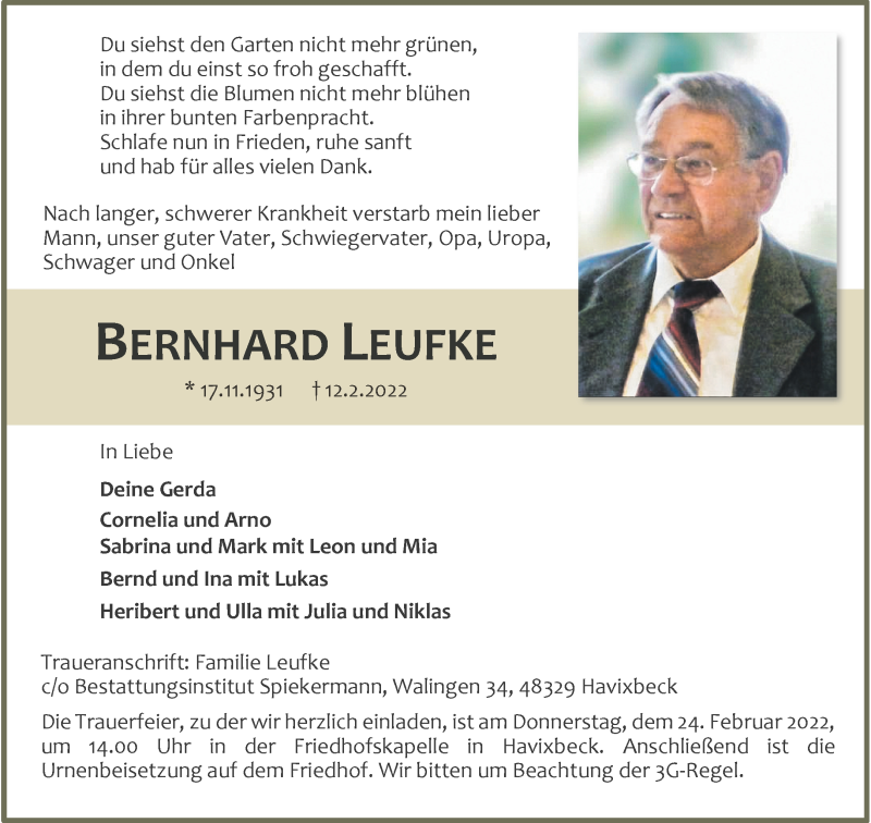  Traueranzeige für Bernhard Leufke vom 19.02.2022 aus 
