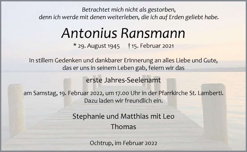  Traueranzeige für Antonius Ransmann vom 16.02.2022 aus 
