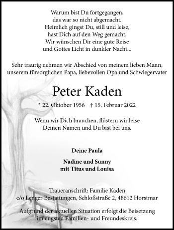 Anzeige von Peter Kaden 
