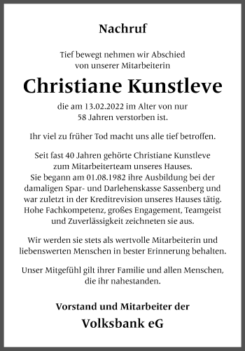 Anzeige von Christiane Kunstleve 