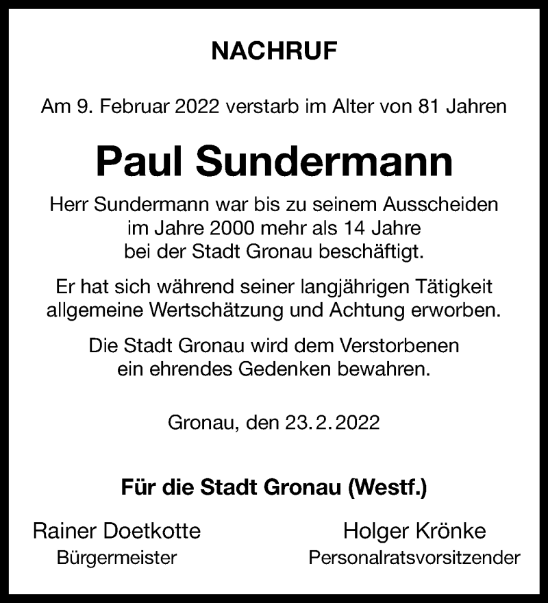 Traueranzeige für Paul Sundermann vom 26.02.2022 aus 