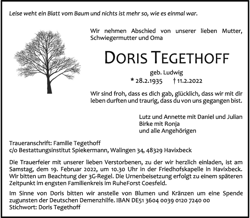  Traueranzeige für Doris Tegethoff vom 16.02.2022 aus 