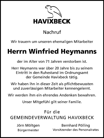 Anzeige von Winfried Heymanns 