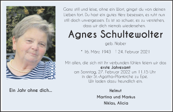 Anzeige von Agnes Schultewolter 