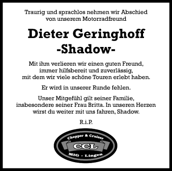 Anzeige von Dieter Geringhoff 