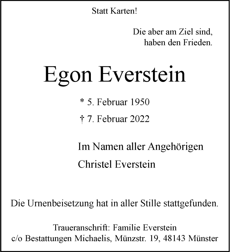  Traueranzeige für Egon Everstein vom 12.02.2022 aus 