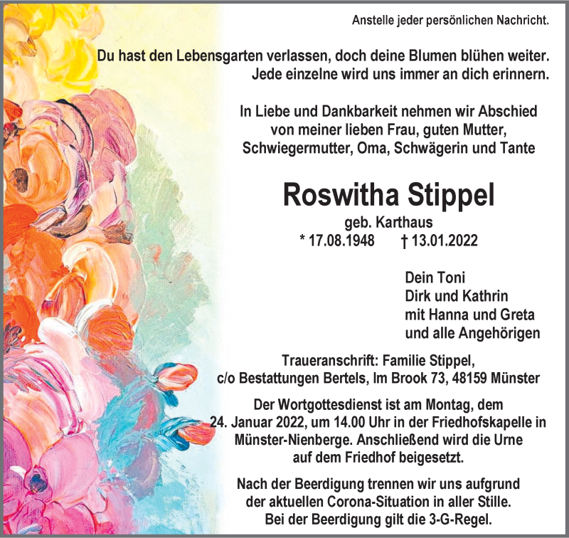  Traueranzeige für Roswitha Stippel vom 19.01.2022 aus Bestattungen Bertels
