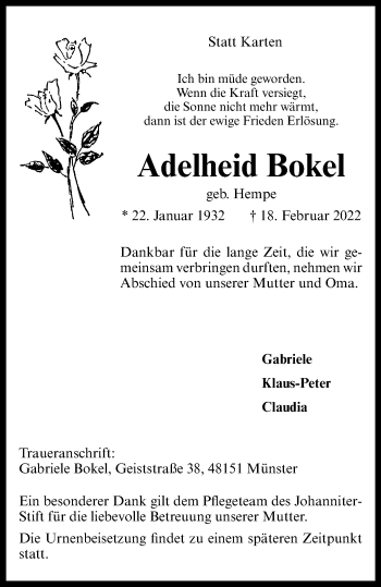 Anzeige von Adelheid Bokel 