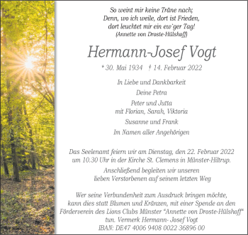 Anzeige von Hermann-Josef Vogt 