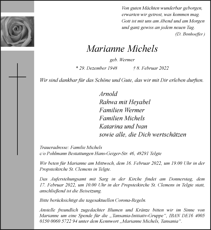  Traueranzeige für Marianne Michels vom 12.02.2022 aus 